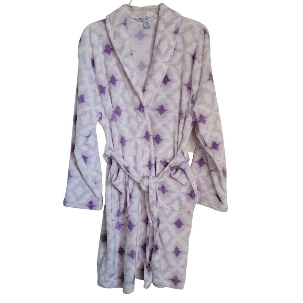 Hotel Spa Collection Plush Soft Robe White and Purple Diamonds Tie Belt One Size